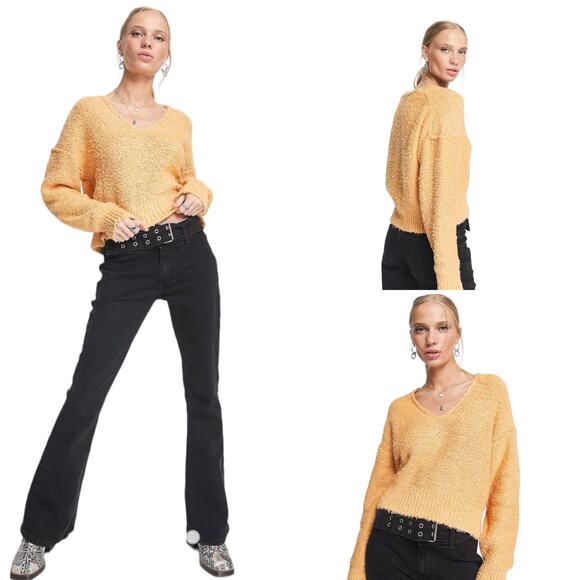 Free People Theo V Neck Eyelash Sweater Goldy Women Small NWT Super Soft - Picture 1 of 9